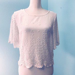 Japna White Eyelet Crop Top, Short Sleeves